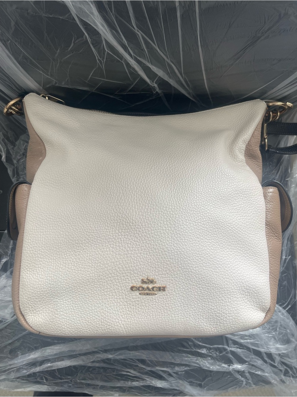 Coach Two-Tone White and Taupe Pebbled Leather Shoulder Bag